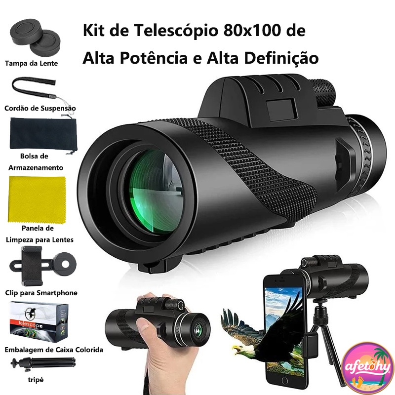 Telescópio HD portátil 80x100 com tripé - celular compatível, adequado para viagens