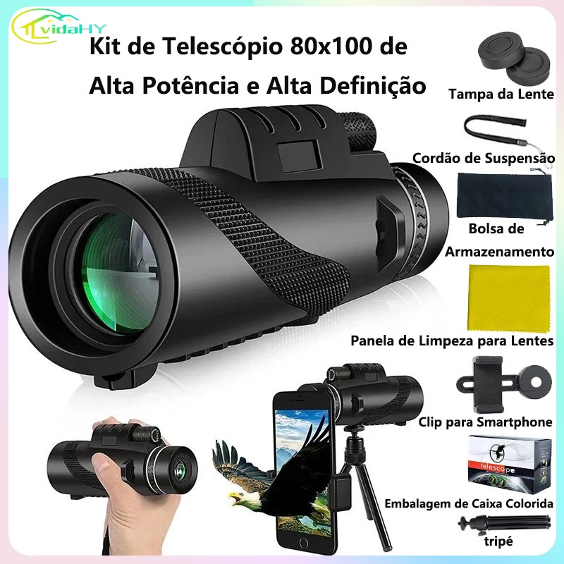 Imagem Telescópio Monocular portátil 80x100 HD com tripé - celular compatível, adequado para viagens