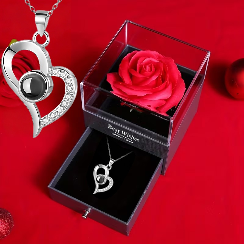 Imagem Rosa Flor Eterna Preservada Caixa de presente E Colar Refletor Eu te amo em 100 idiomas Colar Feminino Presente de Natal