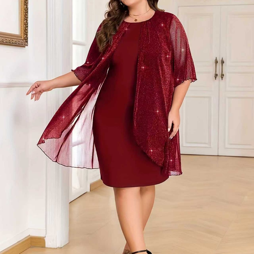 Vestido Longo Plus Size Chiffon Bordado Floral Renda Maxi Elegante Manga Redonda 3/4