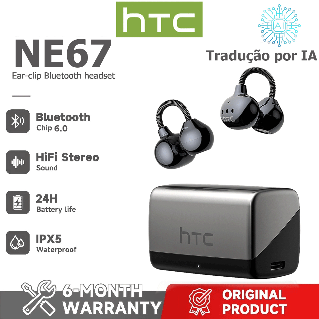 1 ano de garantia HTC NE67 AI Tradução Tradução em tempo Real TWS Fone de ouvido Bluetooth Bluetooth 6.0 HiFi Qualidade