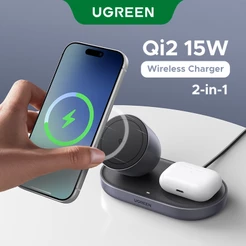 Carregador Sem Fio De Mesa UGREEN Qi2 15W Max 2 Em 1 Para Fones De Ouvido iPhone Carregam Rapidamente 48 ° Ângulo Fixo S