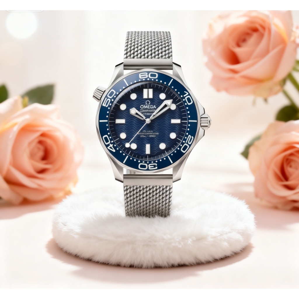 Relógio de mergulho de aço inoxidável, tamanho grande, pulso completo, Aura, disco azul, ondulado, movimento automático,