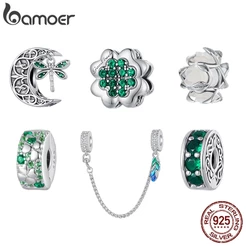 BAMOER 925 Sterling Silver Green Plant DIY Beads Safty Chain Pendant Fashion Jewellery Presentes De Aniversário Para Mulheres