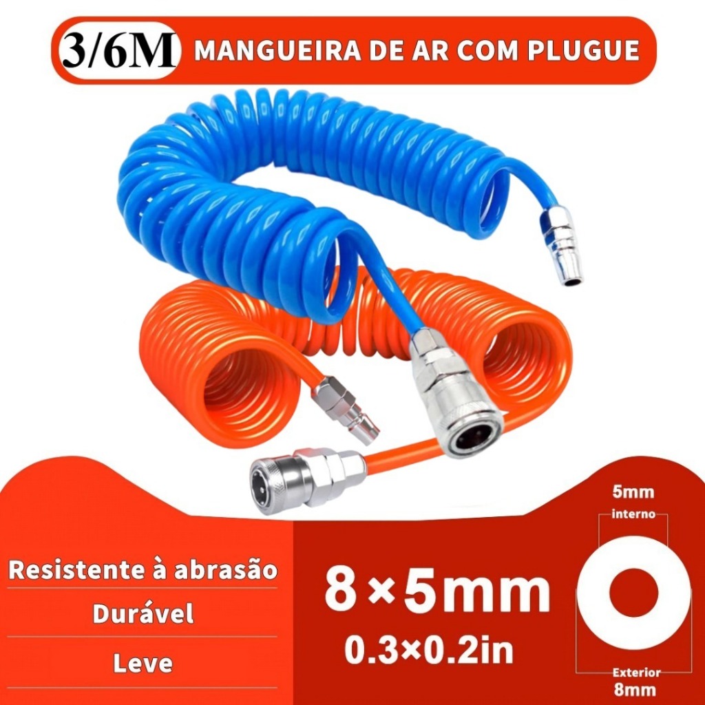 Mangueira de Ar Pneumática Espiral 3M/6M Com Conectores Rápidos, Resistente para Ferramentas Pneumáticas em Oferta na Shopee
