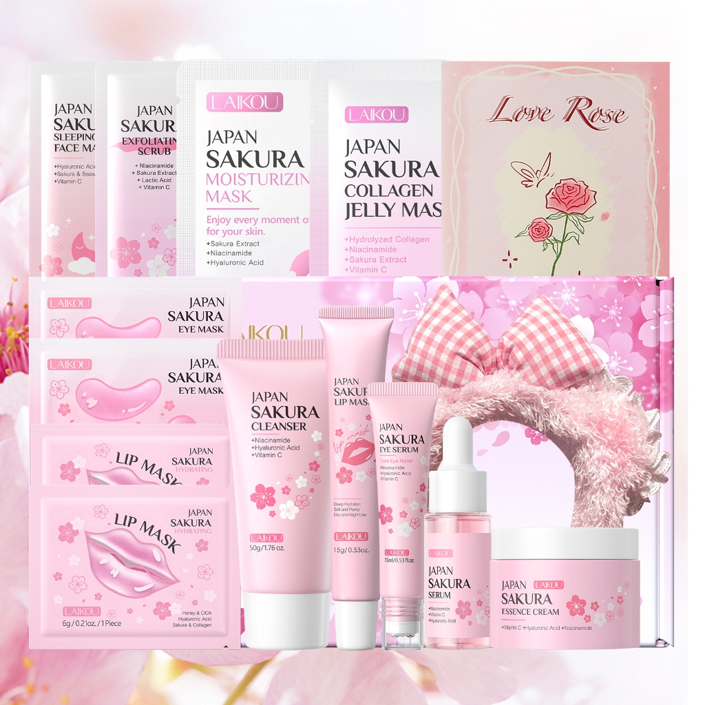 Coleção De Cuidados Com A Pele E Máscaras LAIKOU Sakura | Conjunto Completo De 16 Peças Para Hidratação Renovação Em Vár