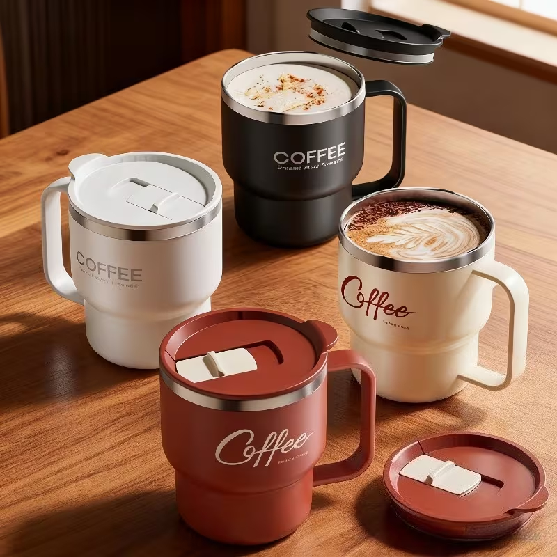 Xícara de café de aço inoxidável, copo térmico, 400ml, tampa resistente ao calor, alça criativa, escritório/casa