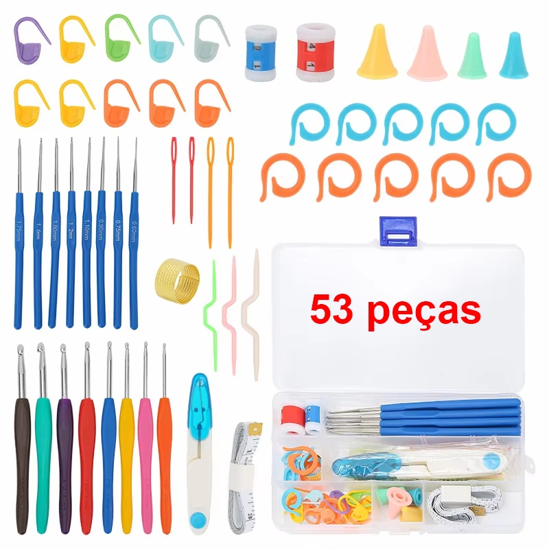 Kit 53 Croche Amigurumi Ferramenta Agulhas Acessórios Completo em Oferta na Shopee