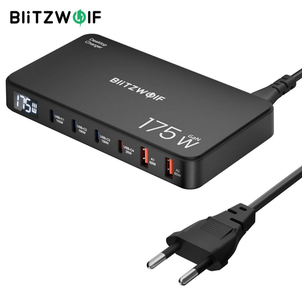 [GaN Tech] Blitzwolf ® BW-S30 175W Carregador USB PD De 6 Portas 4USB-C + 2USB-A QC Display Digital Estação De Carregame em Oferta na Shopee