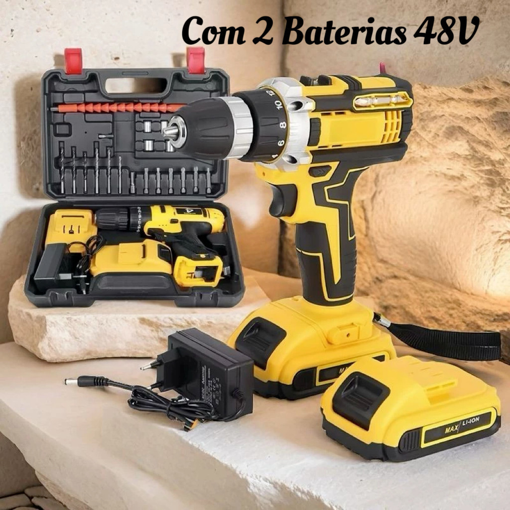 Furadeira Parafusadeira 48V/18V Sem Fio com 2 Baterias e Maleta - Kit Completo Acessórios