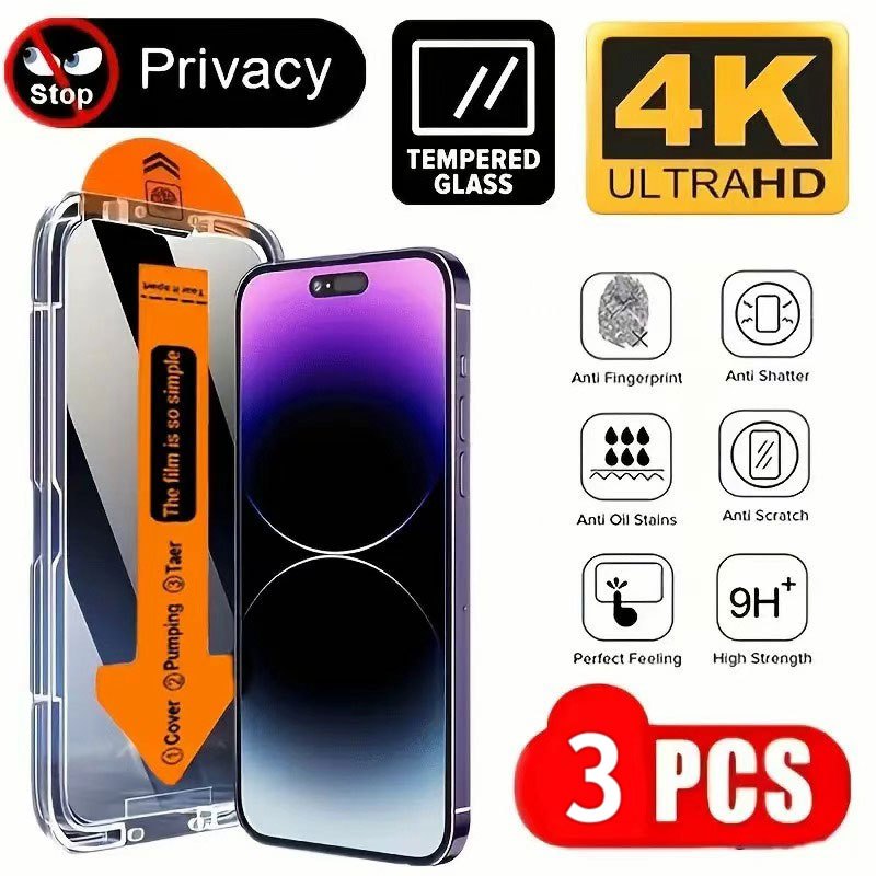 3 Pçs Kit De Filme De Vidro De Privacidade Anti-Espião Protetor De Tela Livre De Poeira Para IPhone 14 15 16 11 12 13 Pr