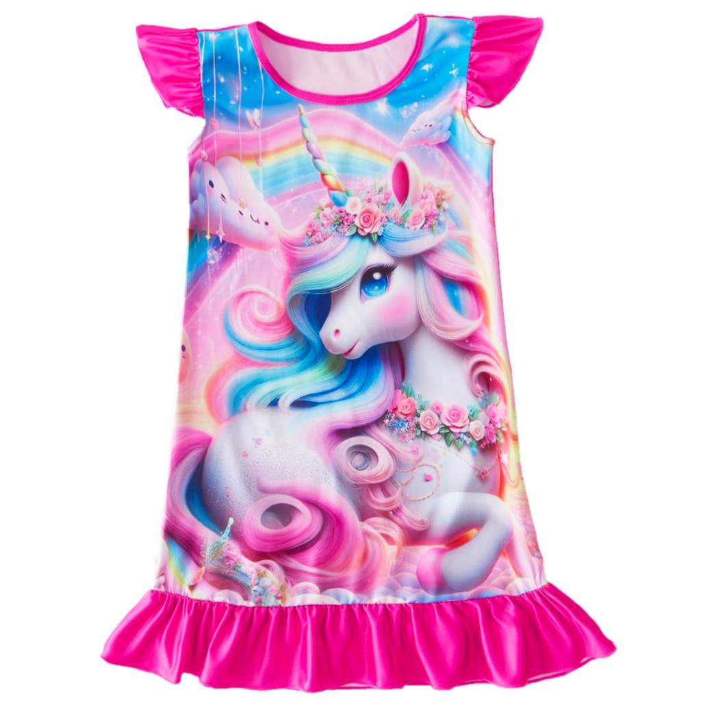 2025 Vestido de unicórnio fantasia rosa camisola infantil, cores brilhantes, adequado para meninas de 4 a 8 anos, presen
