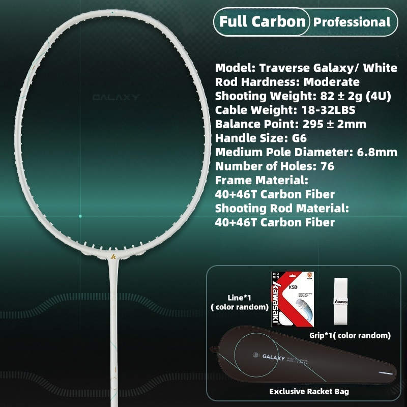 Kawasaki Raquete De Badminton Traverse Galaxy 4U 22-32LBS Profissional Todo Carbono Ultra Leve Alto Peso Ofensiva Única