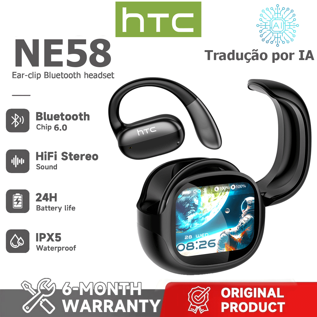 1 ano de garantia HTC NE58 AI Tradução Fone de ouvido com tela HD Tradução em tempo Real TWS Fone de ouvido Bluetooth Bl