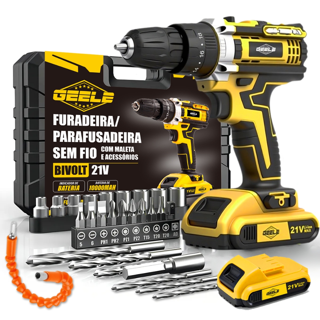 Furadeira Parafusadeira De Impacto 3/8" a bateria 21V com kit de brocas e bits-GEELE em Oferta na Shopee