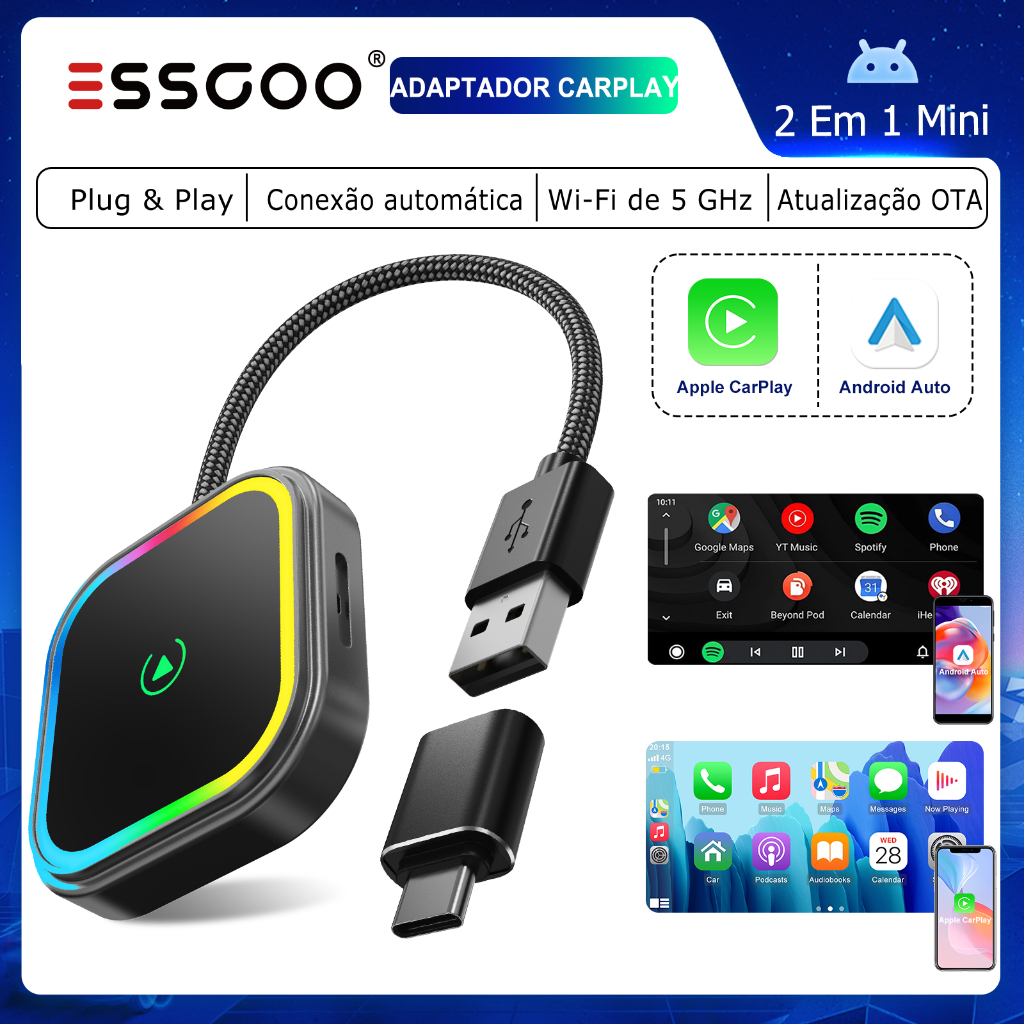 (Do São Paulo) ESSGOO PL8 Conversor De Adaptador Automático CarPlay/Android Sem Fio 2 Em 1 Com E Iluminação Colorida