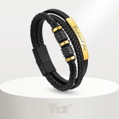 Pulseira Masculina Vnox De Aço Inoxidável Com Curvatura De Luz Completa Preta Nome De Gravação Grátis De Couro PU De Trê