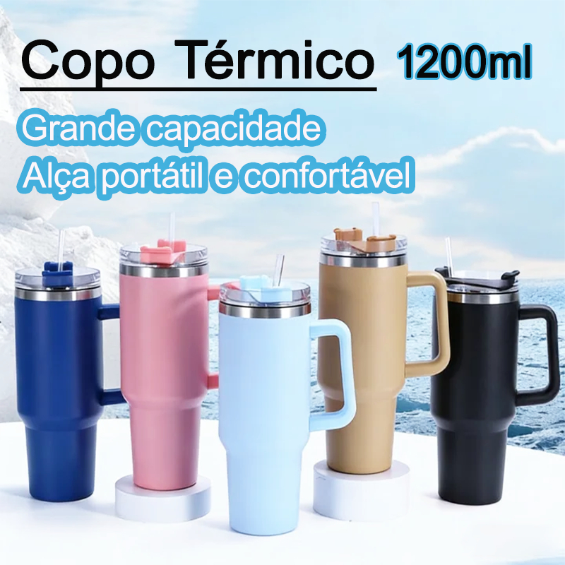 Copo Térmico Inox Portátil Parede Dupla Grande Capacidade 1200ml/1.2L com Tampa e Canudo