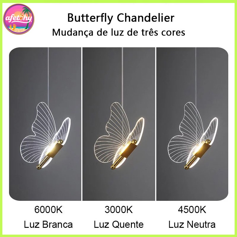 Lustre dourado Tricolor LED luz borboleta luz de teto do quarto luz decorativa dupla tensão