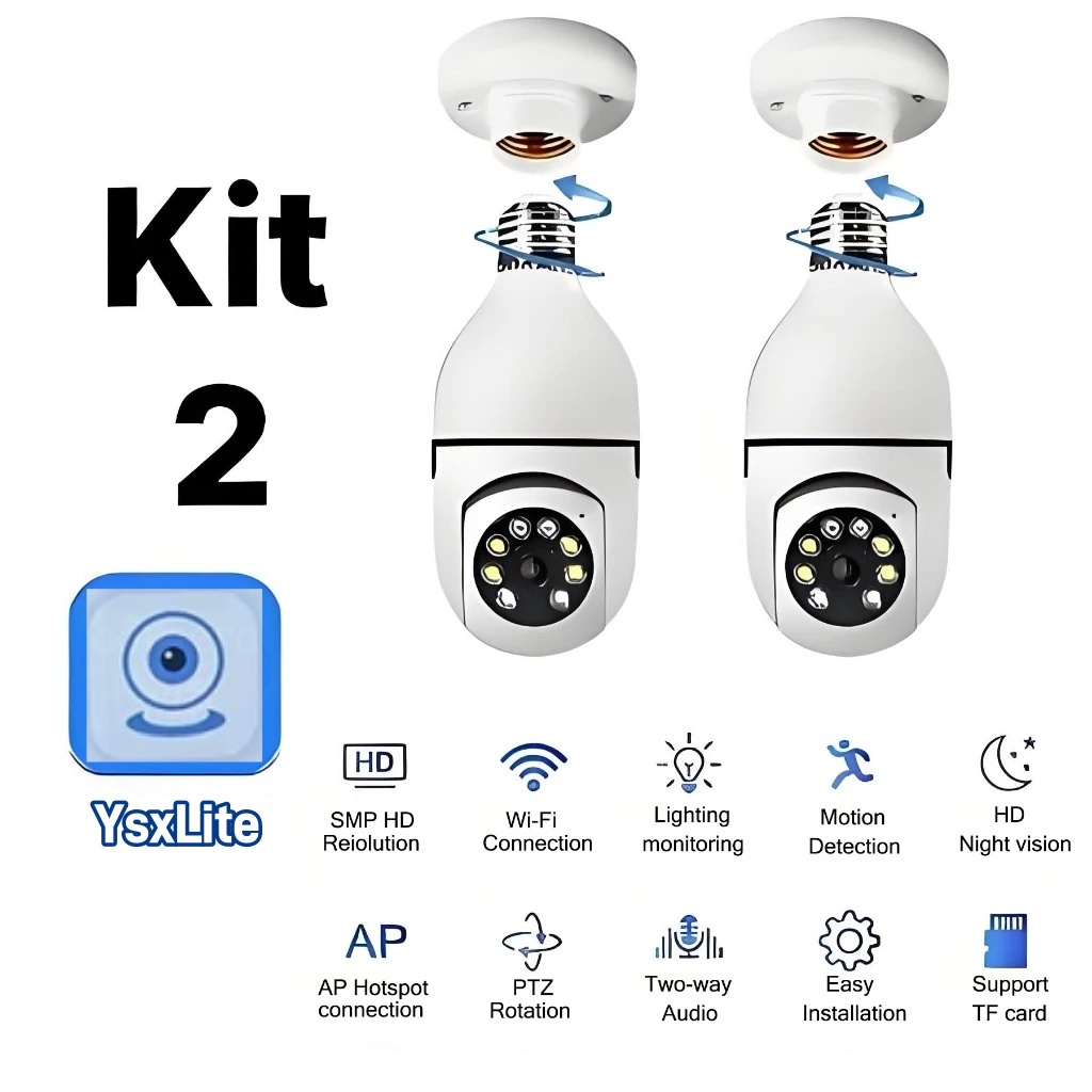 Câmera De Segurança IP YsxLite Wi-Fi 360 ° Lâmpada Giratória Com Soquete De Parafuso , Visão Noturna full HD , Tensão Du