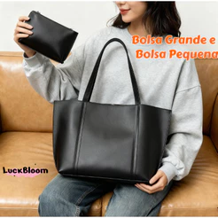 Kit Bolsa Sacola Tote Grande Minimalista com Bolsa Necessaire Interna Preta Alça de Ombro Premium