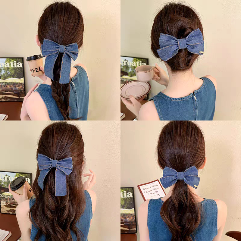Grampo de cabelo elegante cocar Denim azul arco grampo de cabelo feminino Duckbill clipe volta cabeça meia gravata Hairp