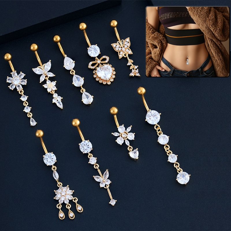 Kit 1 Piercing De Umbigo Prata/Dourado Pendurado Pedra Borboleta Flor Femininos Body Piercing Jóias