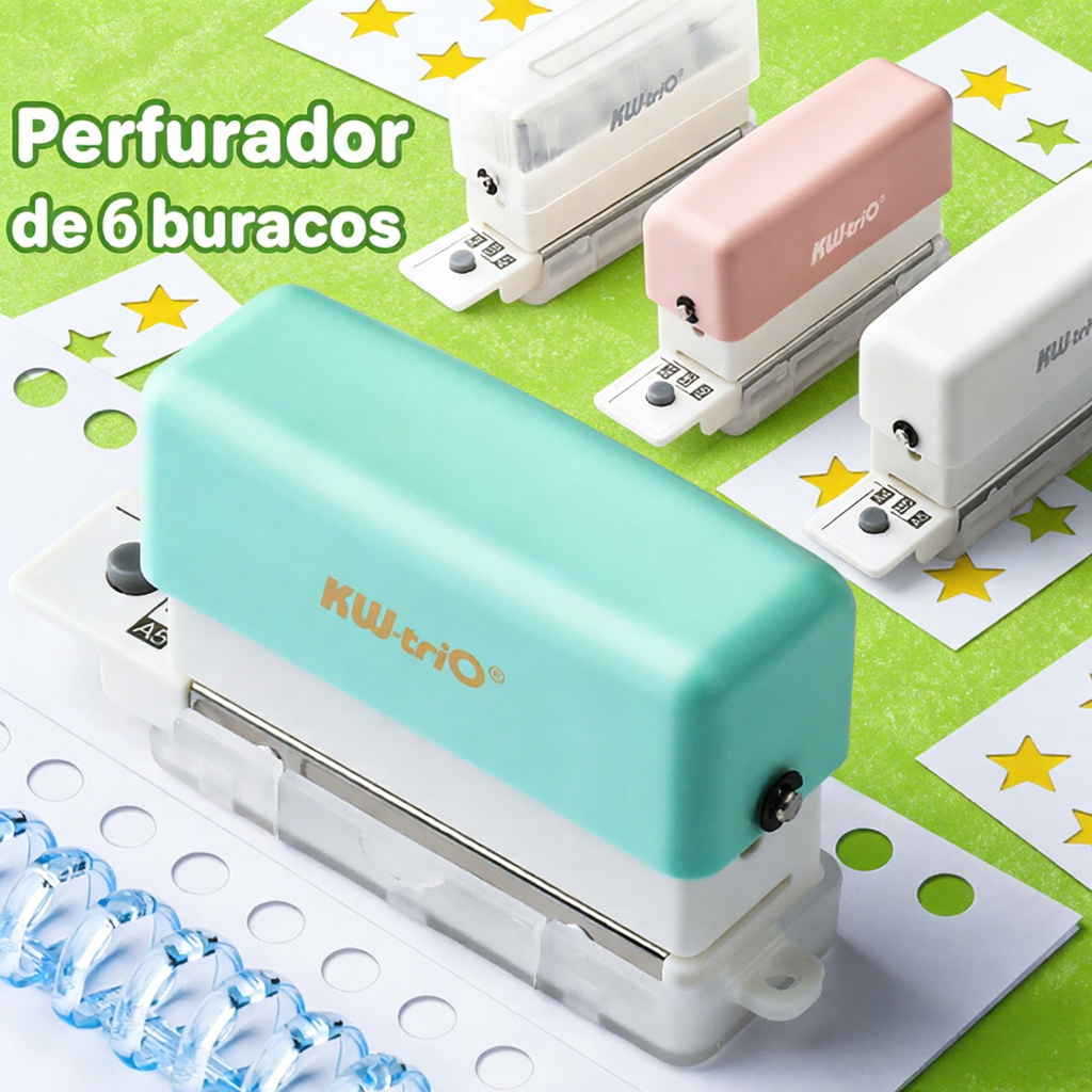 Furador 6 Furos p/ Planner e Cadernos DIY | Perfuração Precisacom Guias A4/B5/A5 | Portátil