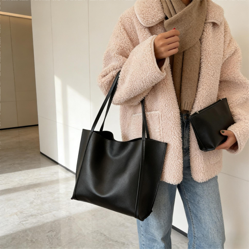 Kit 2 Peças Bolsa Tote Feminina Minimalista + Necessaire – Grande Espaçosa PU Para Trabalho/Faculdade em Oferta na Shopee