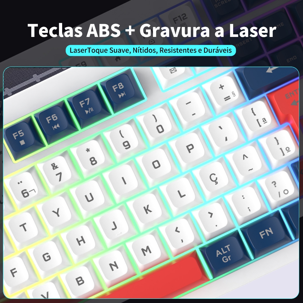 Detalhes do Teclado Gamer Com Fio, RGB Arco-Íris e Design Ergonômico, com Alta Estética e Silencioso - 111 Teclas, Layout Português