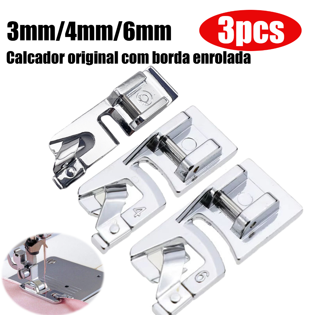 Kit 3 Peças Calcador De Bainha Barra 3, 4, 6mm Para Máquina Doméstica