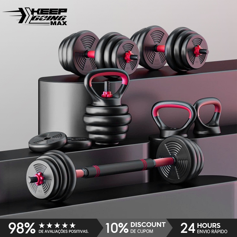 Conjunto De Halteres Ajustáveis 20kg/10kg Multifuncional Com Barra , Kettlebell E Suporte Push-Up