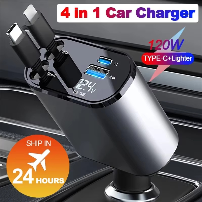 5 Em 1 120W Carregador De Carro Retrátil Adaptador De Isqueiro USB Tipo C Cabo De Rápido Para IPhone Xiaomi Huawei Samsu