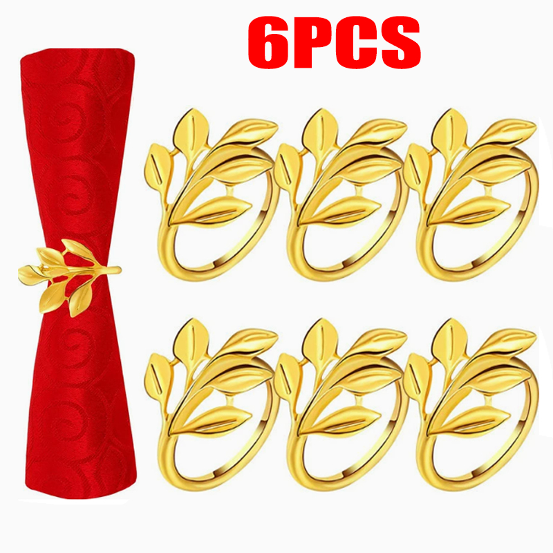 Kit 6 porta guardanapos - anéis de guardanapos de metal Folhas / ramos dourado
