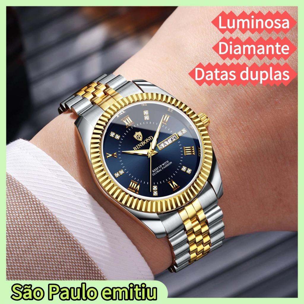Relógio Masculino de Luxo Relógio de Ouro de Aço Inoxidável para Homens Relógios de Pulso de Quartzo Luminosos À Prova