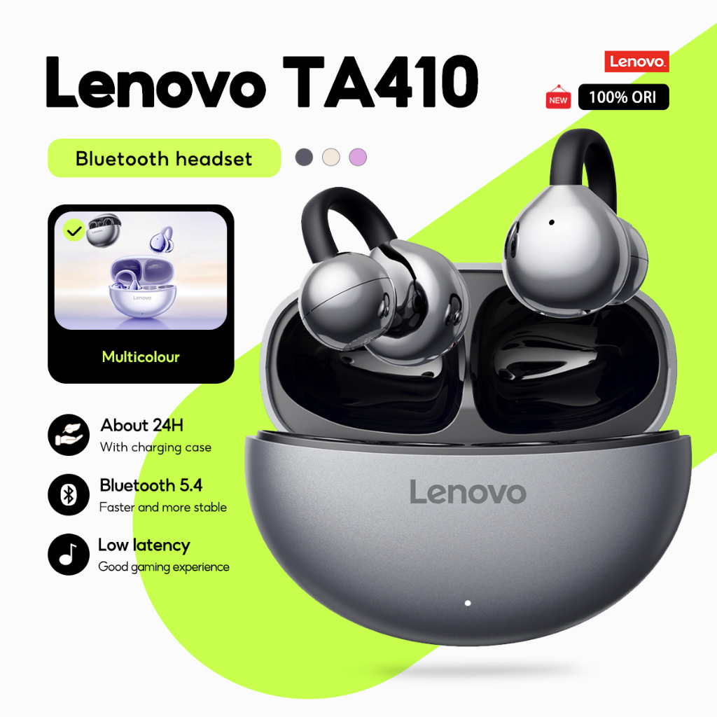 Fones de ouvido Lenovo TA410, TWS, modelo ear-clip, controle por toque inteligente, longa duração da bateria, com