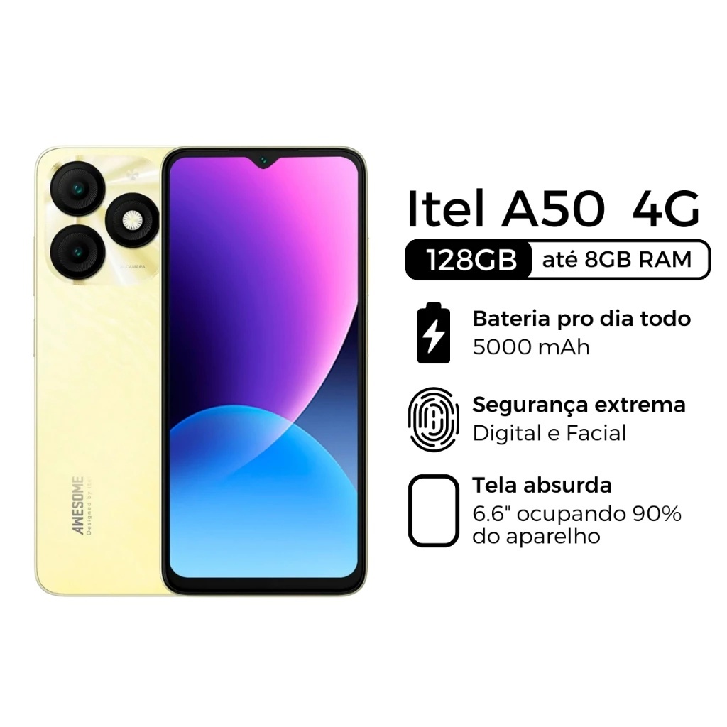 Celular Itel A50 Tela 6.6" HD 3GB RAM 64GB/128GB ROM Dual sim Octacore Versão Global
