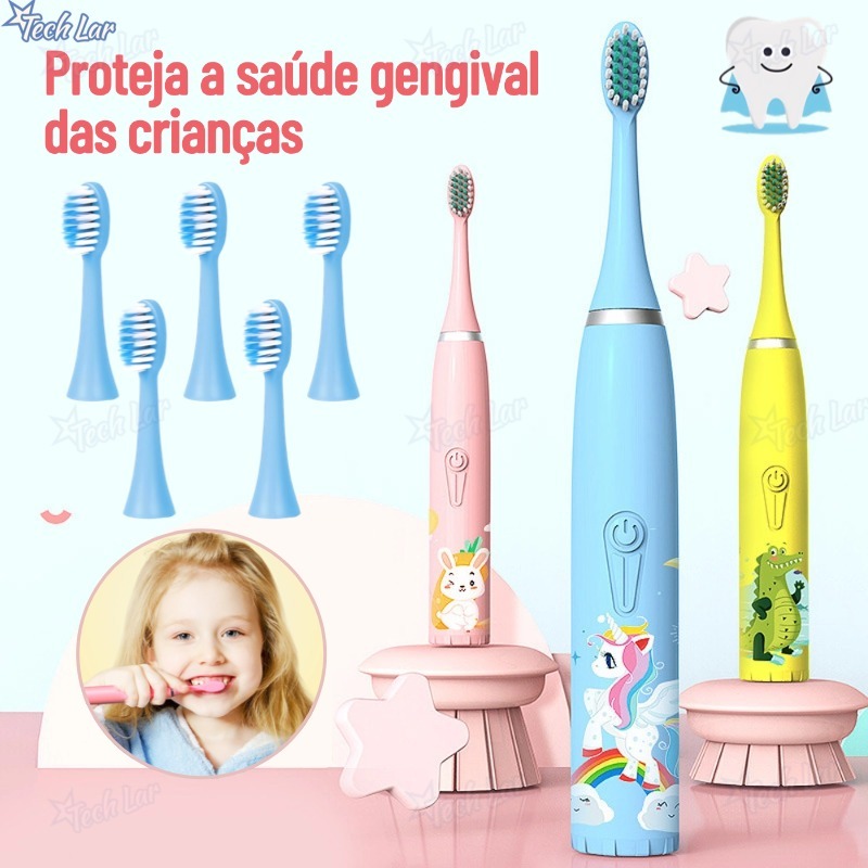 Escova Dental Elétrica Ultra-Sônica Para Crianças Acústica IPX6 Com 5 Cabeças Suaves Limpa Cuidados Cor Rosa E Azul-TL