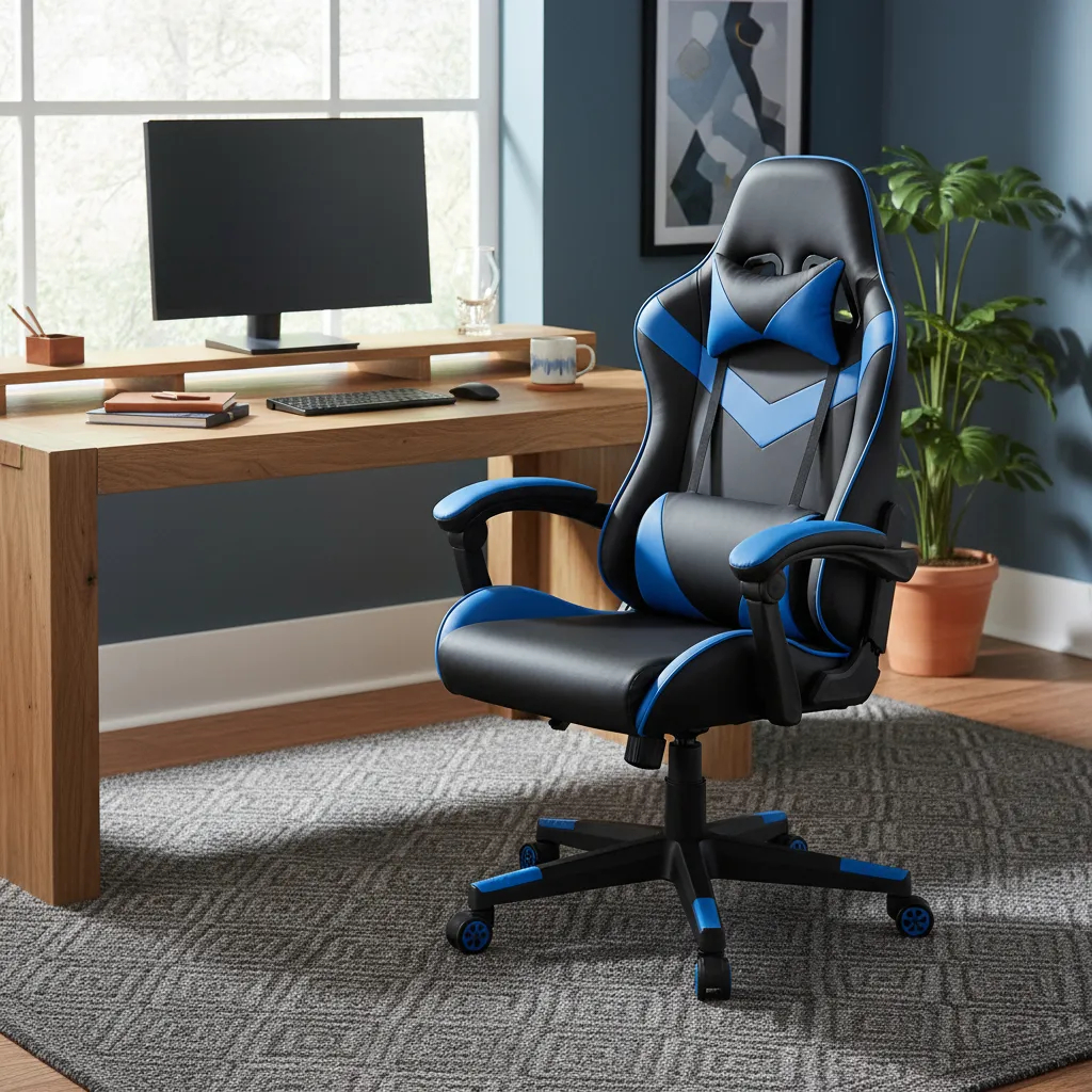 Cadeira De Escritório Gamer Ergonômica Estofado Profissional Azul Couro Sintético