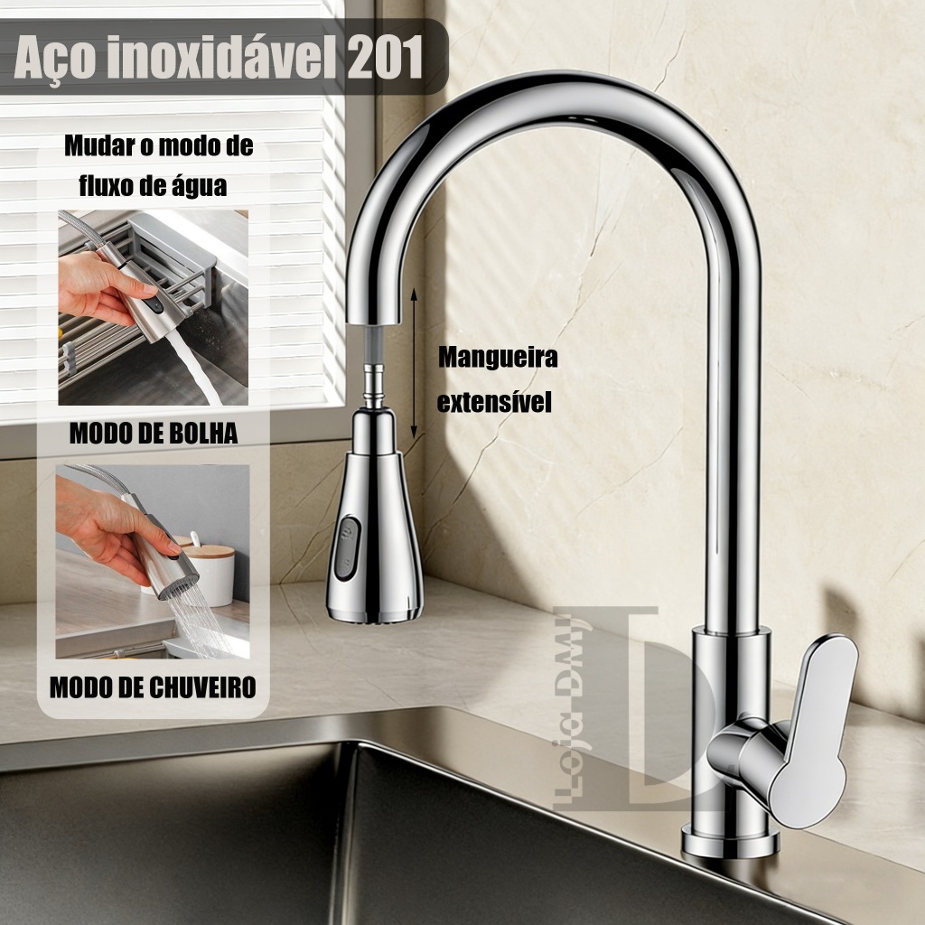 Torneira De Cozinha De Aço Inoxidável 201 Prata / Preto Com Extensor Flexível Spray De Tração