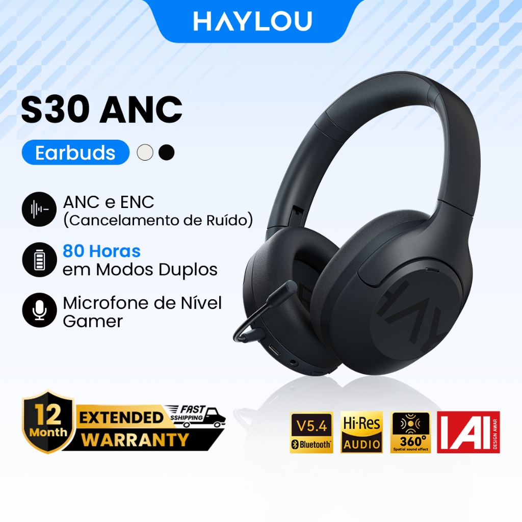 Haylou S30 ANC -43db Fone De Ouvido Sem Fio Bluetooth5.4 80H Bateria Headphone com Microfone GamingHeadset
