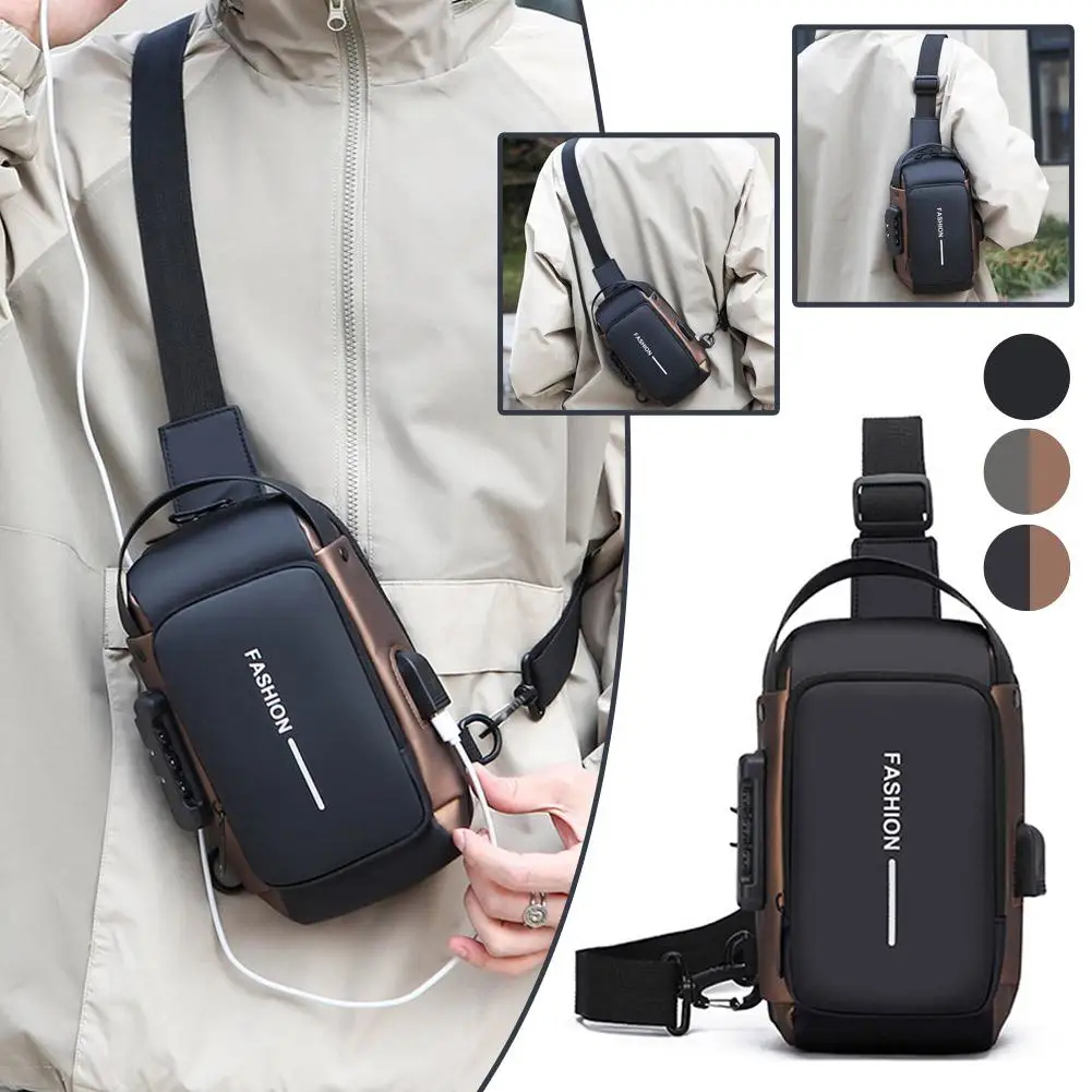 Bolsa Masculina De Peito Impermeável USB Antifurto Cadeado Senha À Prova D’Água Moto Ombro Único