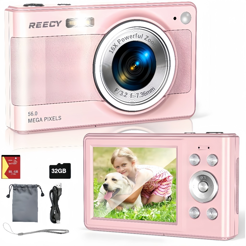 Câmera Digital REECY 56MP HD 1080P | Tela 2.88" CCD Foco Automático Zoom 16X | Para Iniciantes Bateria Trocável Compacta