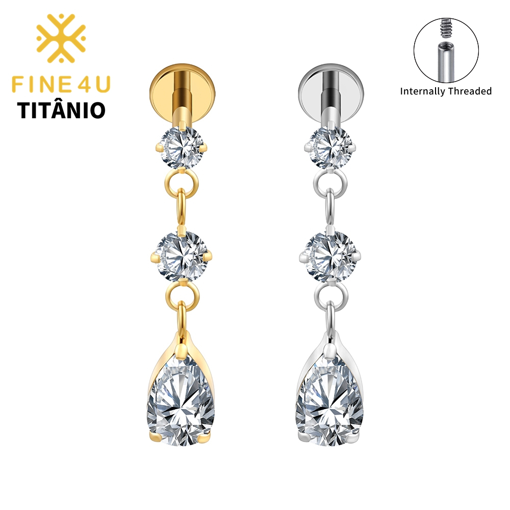 FINE4U Piercing Tripla Pingente com Lágrima CZ 100% Titânio Hipoalergênico Lóbulo Brinco Helix