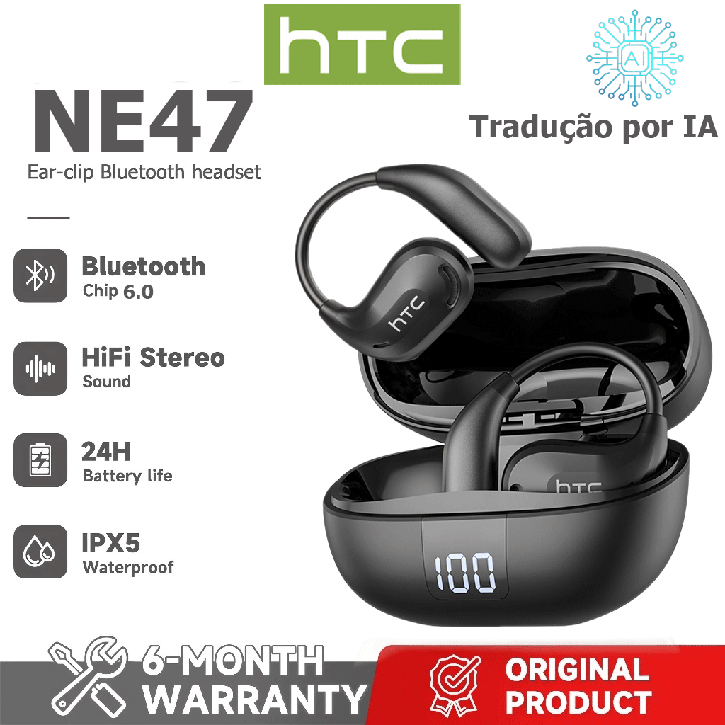 1 ano de garantia HTC NE47 AI Tradução Fone de ouvido Bluetooth Tradução em tempo Real OWS HD Chamada HiFi Fone de ouvid