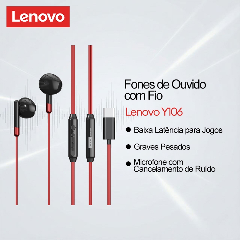 Fones De Ouvido Com Fio Lenovo Y106 E Y106PRO Microfone Cancelamento De Ruído Áudio Zero Lag Mais Graves Pesados Para Jo em Oferta na Shopee