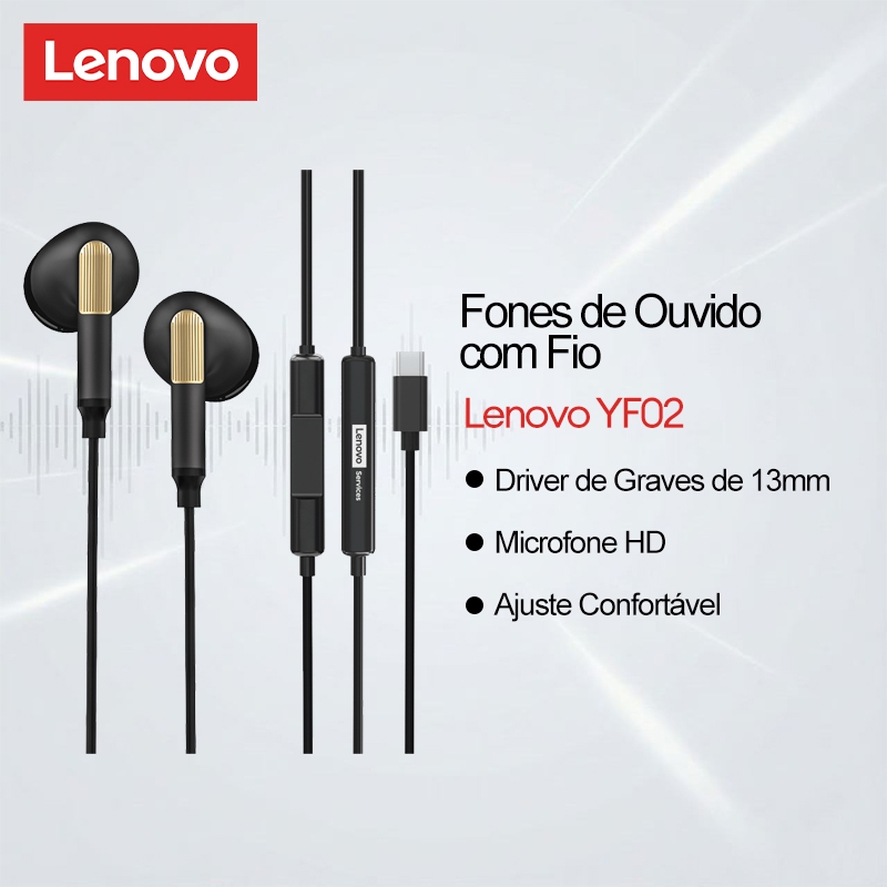 Fones De Ouvido Com Fio Lenovo YF02 E Semi-Intra-Auriculares Driver De Graves De 13 Mm Microfone HD Mais Ajuste Confortá