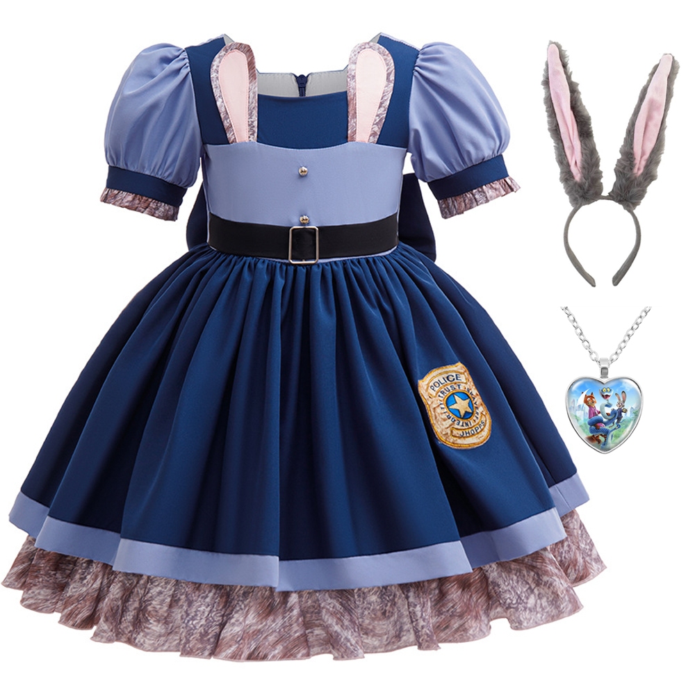 Crianças Menina cosplay Traje Judy Polícia Carnaval Festa Princesa Vestir-Se Manga puff 2026 Verão Vestido De Aniversári em Oferta na Shopee