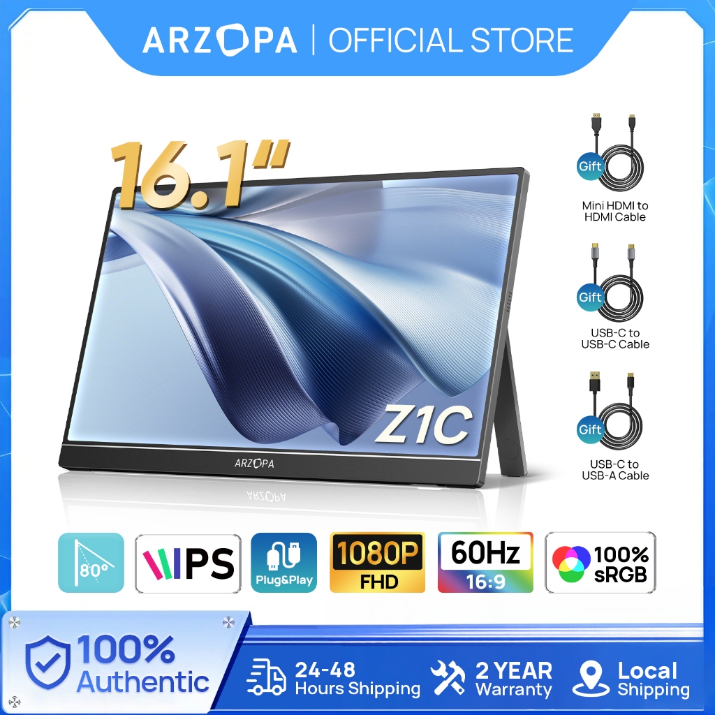 Arzopa Z1C-Monitor Portátil Com Suporte 100 % sRGB De 16.1 " , 1080P FHD Tela De Extensão De USB C HDMI Para PC , Mac em Oferta na Shopee