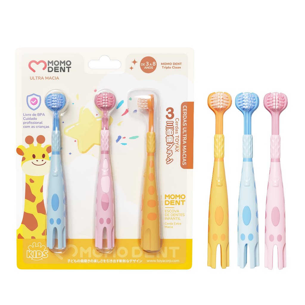 MOMODENT Escova de Dente Infantil Três Lados,Limpeza Profunda e Suave,3 Cores